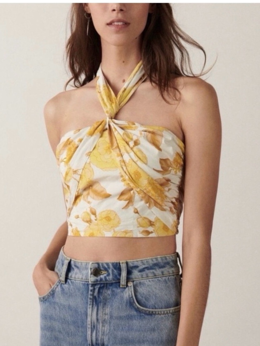 ba&sh Yellow Floral Halter Crop Top